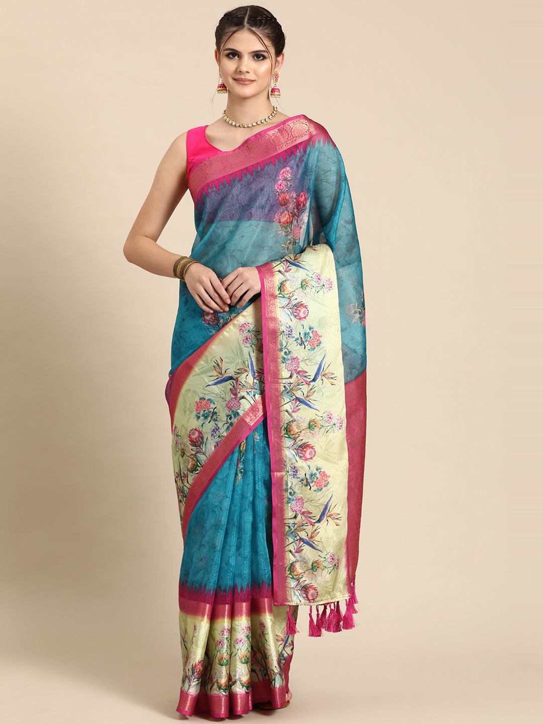 Kanjivaram Soft Silk Digital Printed Zari Woven Saree
