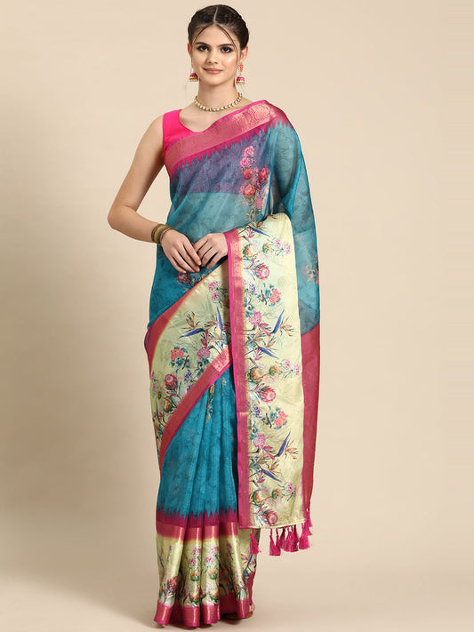 Kanjivaram Soft Silk Digital Printed Zari Woven Saree