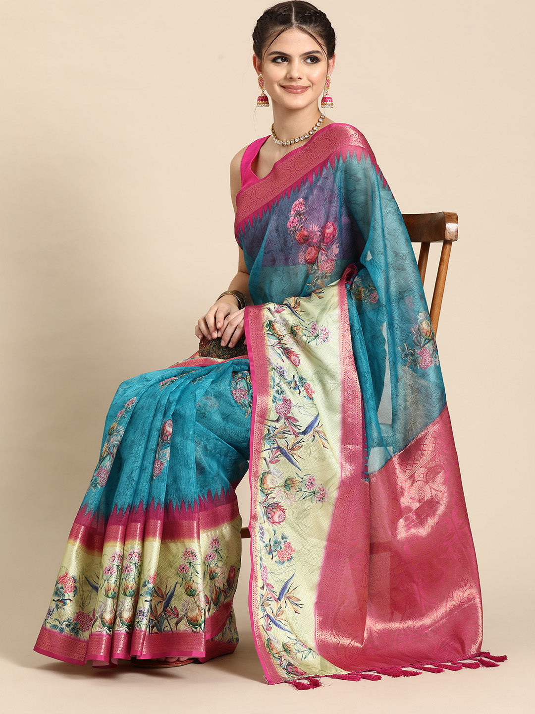 Kanjivaram Soft Silk Digital Printed Zari Woven Saree