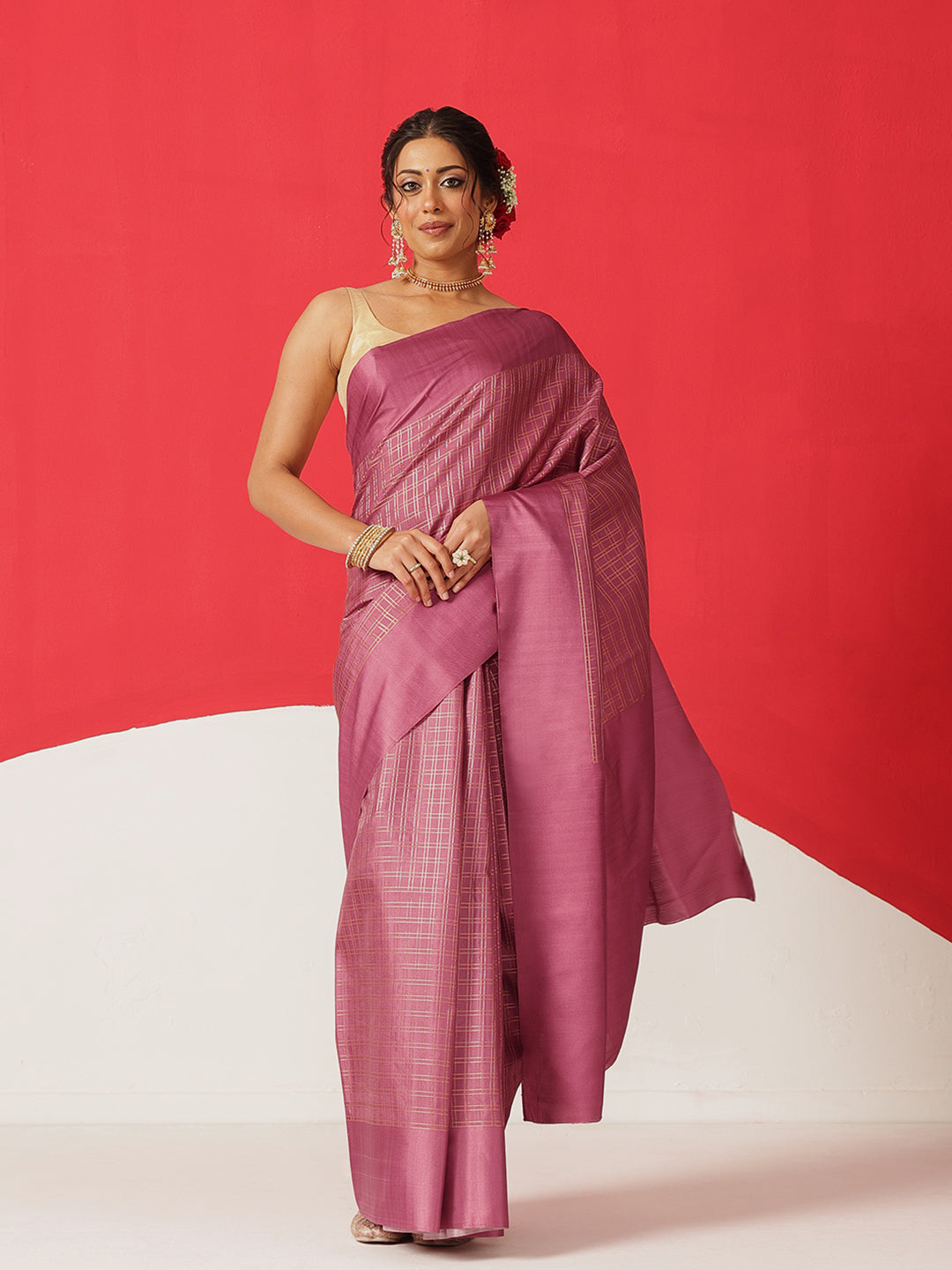Digital Printed Tussar Silk Solid Checks Work Saree