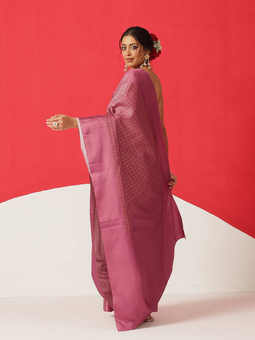 Digital Printed Tussar Silk Solid Checks Work Saree