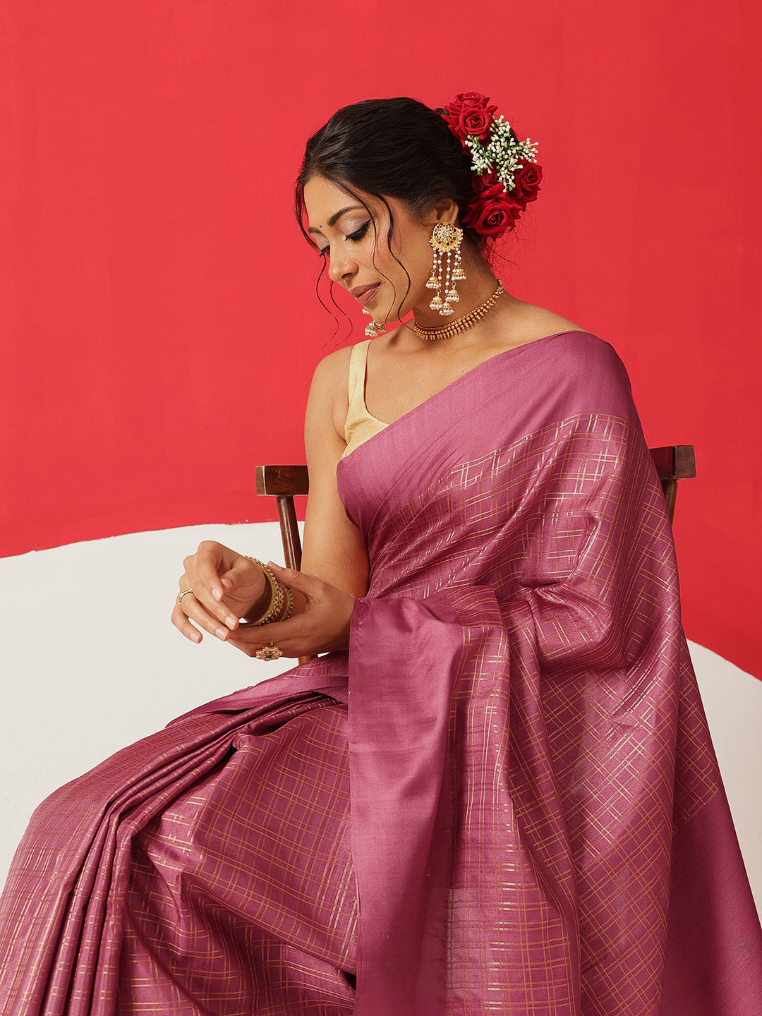 Digital Printed Tussar Silk Solid Checks Work Saree