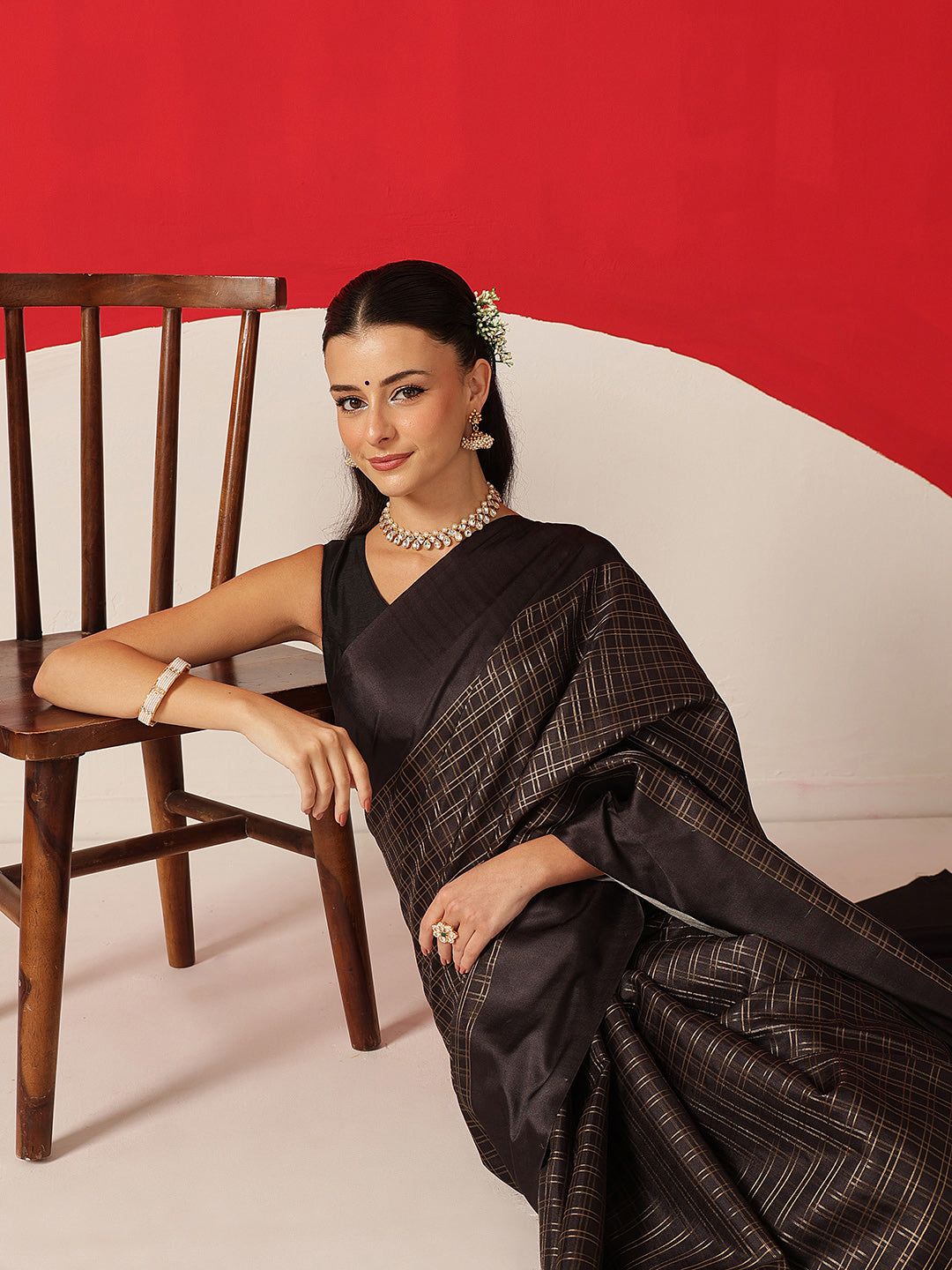 Digital Printed Tussar Silk Solid Checks Work Saree