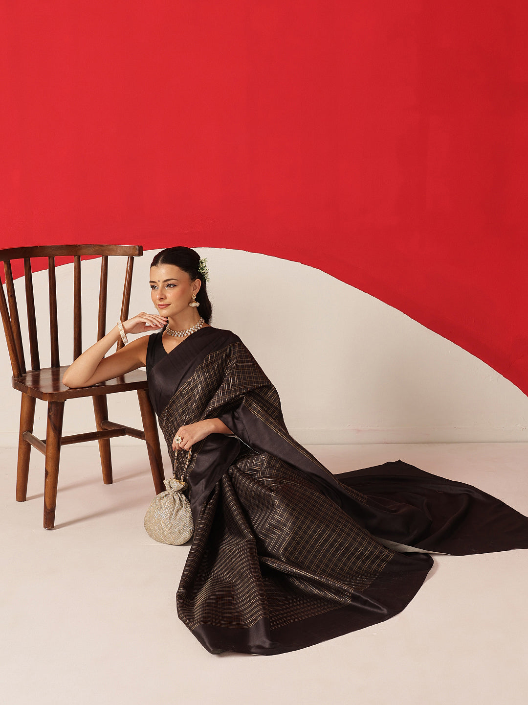 Digital Printed Tussar Silk Solid Checks Work Saree