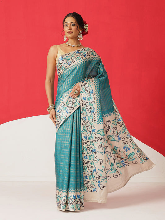 Tussar Silk Checks Work Saree With Figure Prints Border