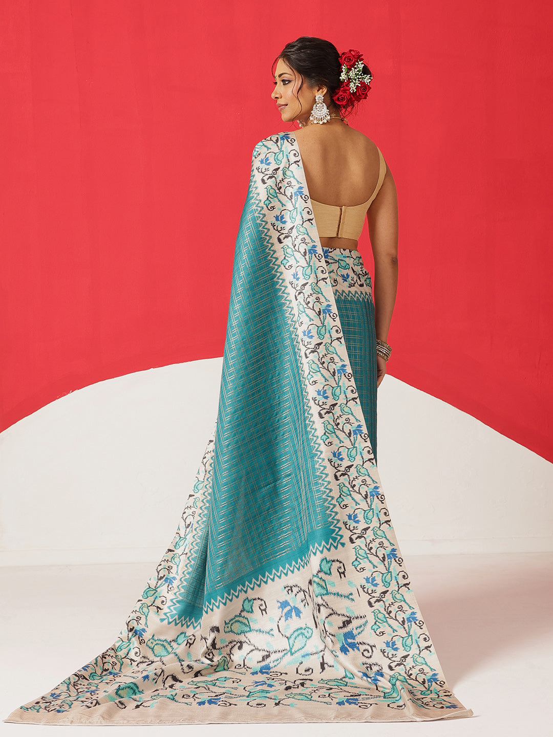 Tussar Silk Checks Work Saree With Figure Prints Border