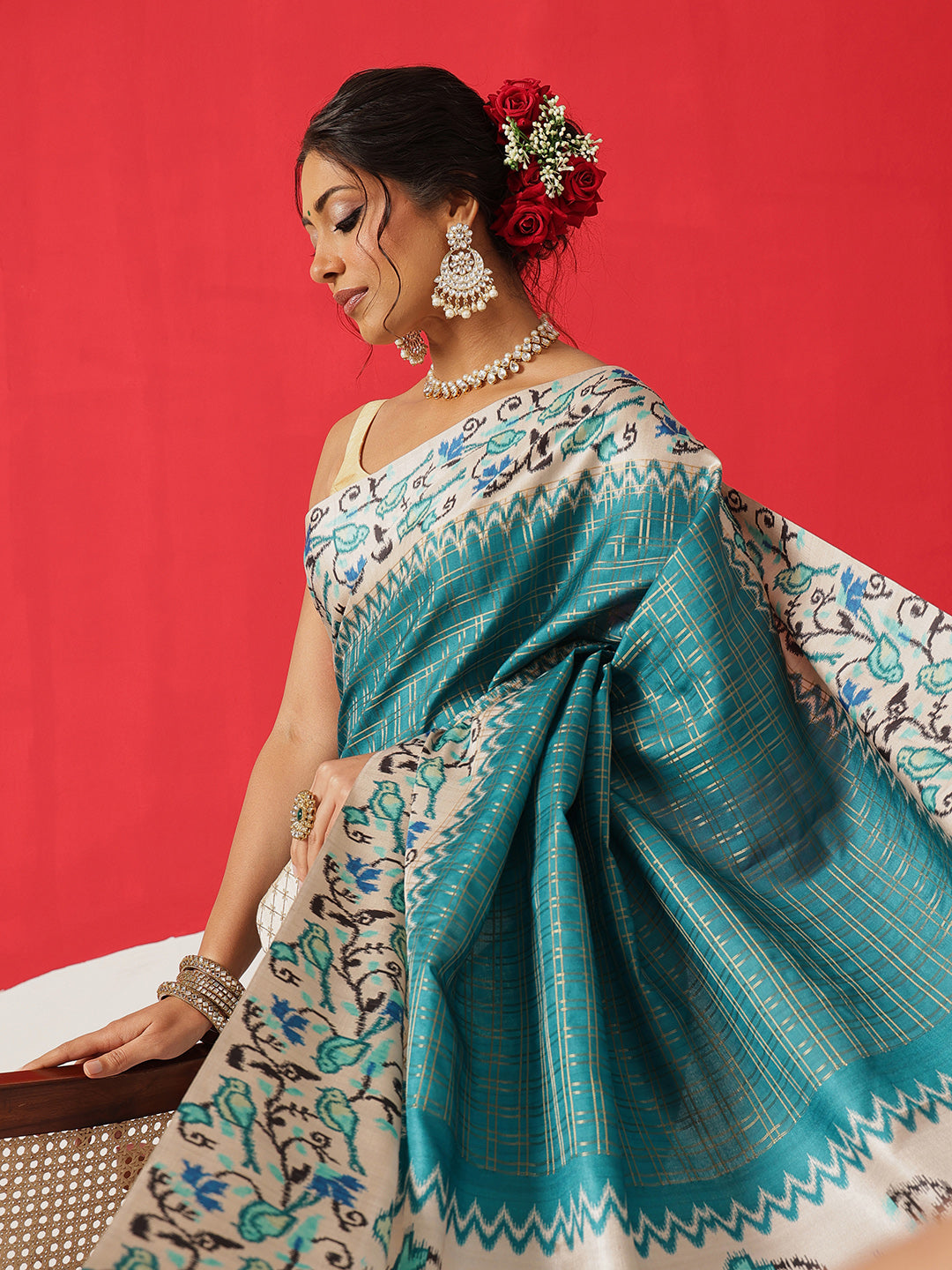 Tussar Silk Checks Work Saree With Figure Prints Border
