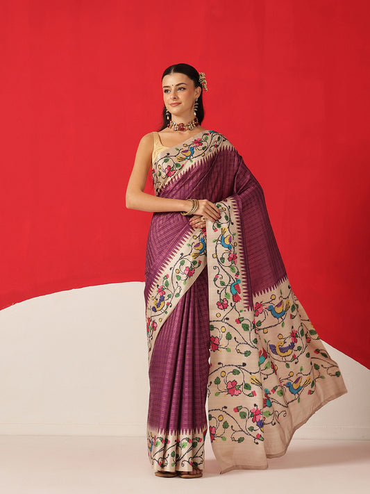 Tussar Silk Checks Work Saree With Figure Prints Border