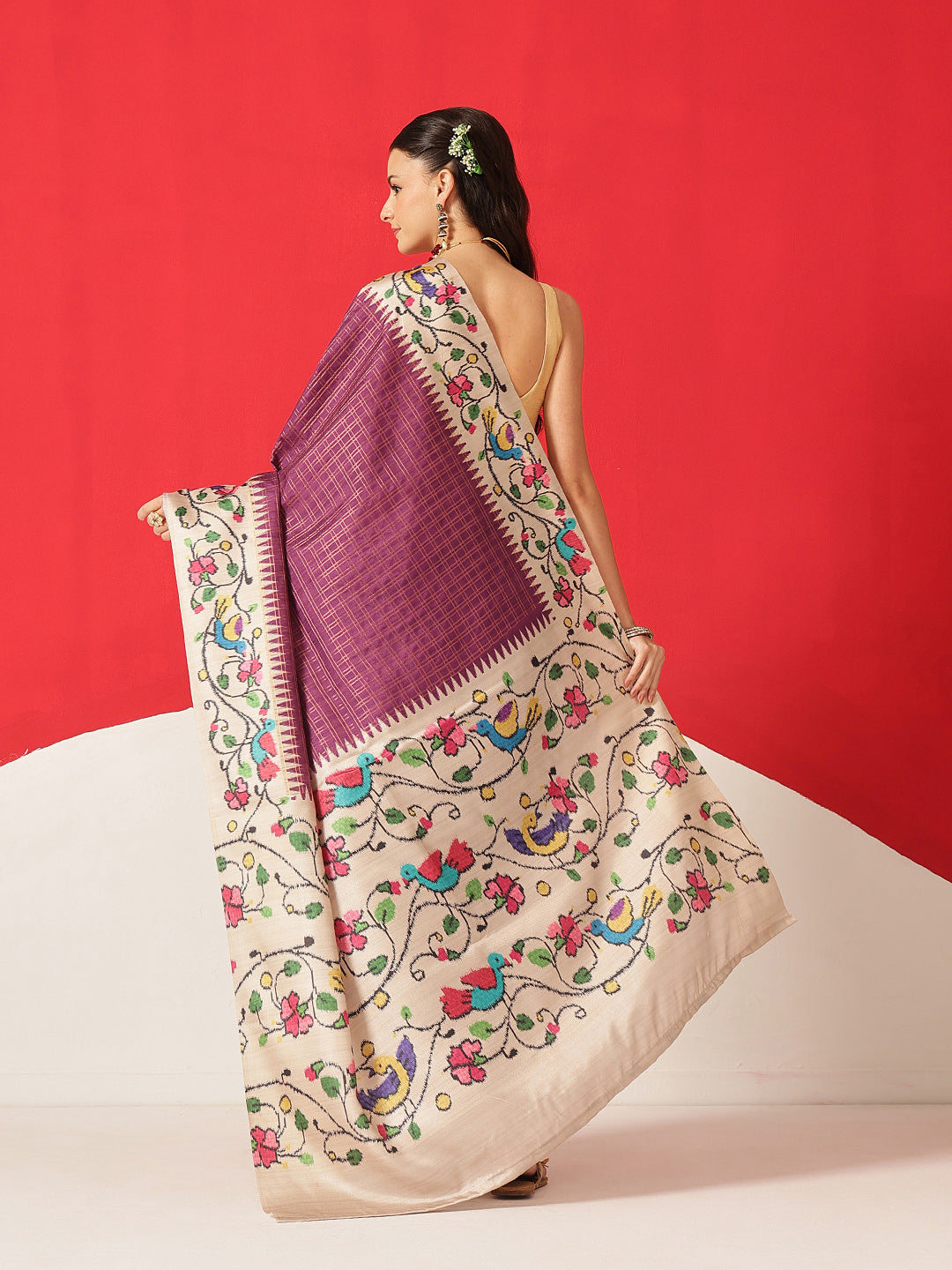 Tussar Silk Checks Work Saree With Figure Prints Border
