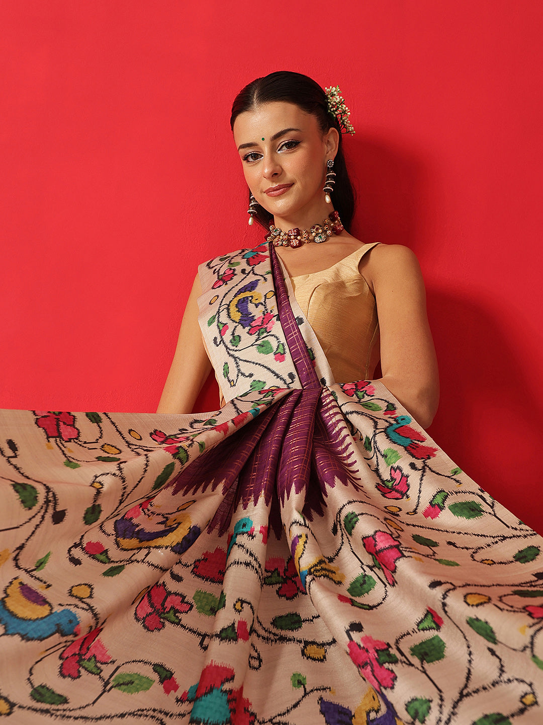 Tussar Silk Checks Work Saree With Figure Prints Border