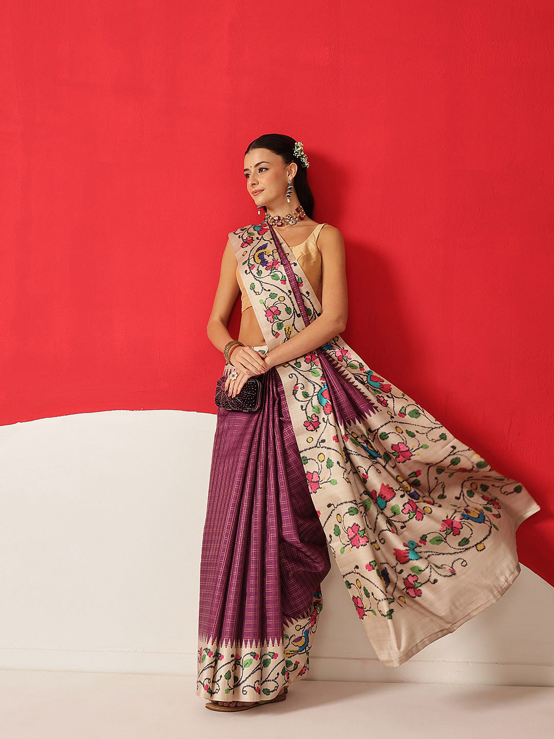 Tussar Silk Checks Work Saree With Figure Prints Border
