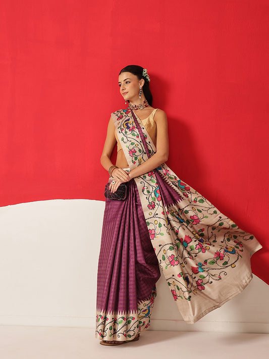 Tussar Silk Checks Work Saree With Figure Prints Border