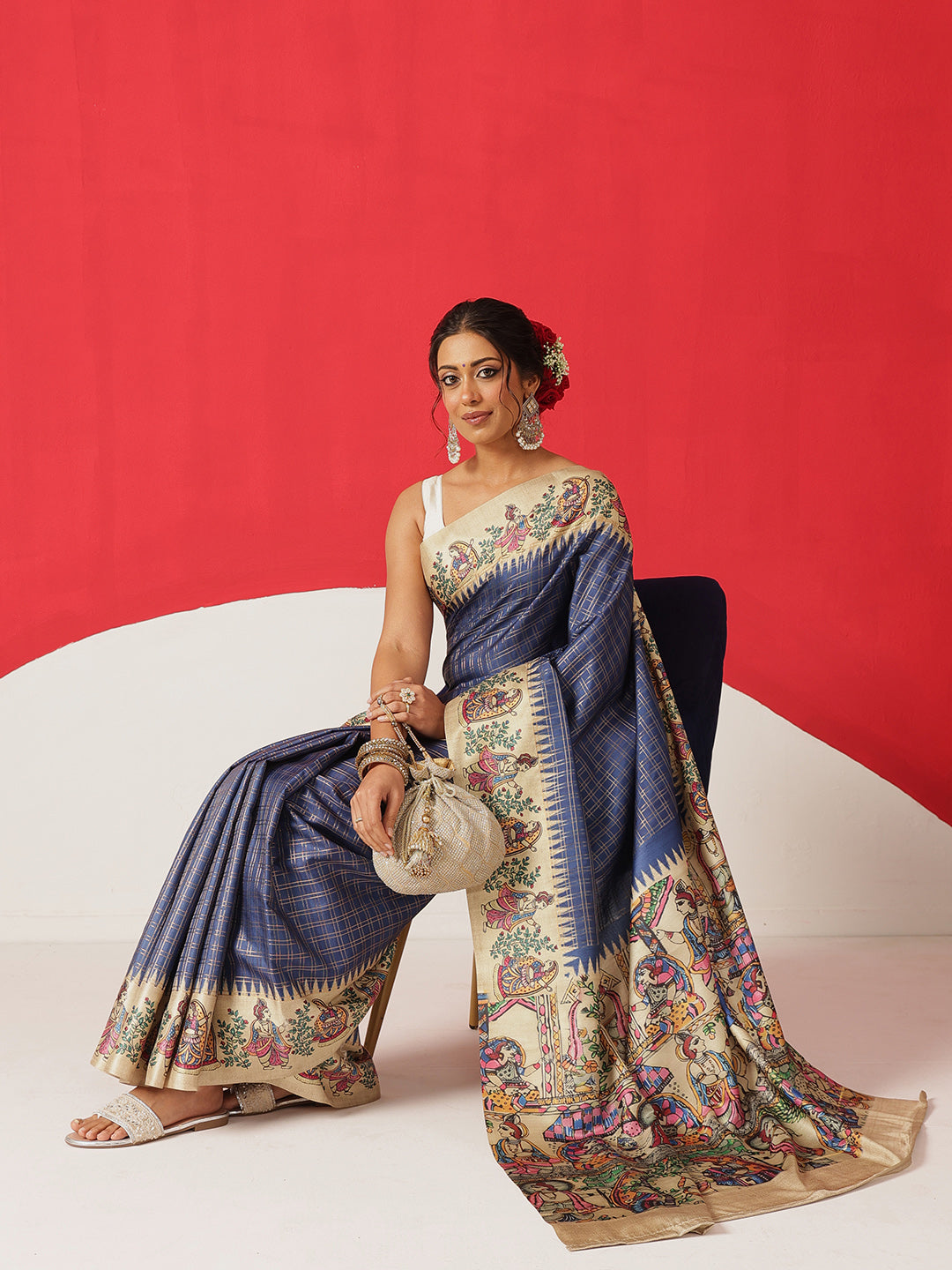 Tussar Silk Checks Work Saree With Figure Prints Border