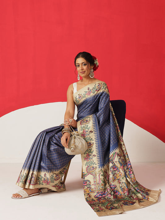 Tussar Silk Checks Work Saree With Figure Prints Border