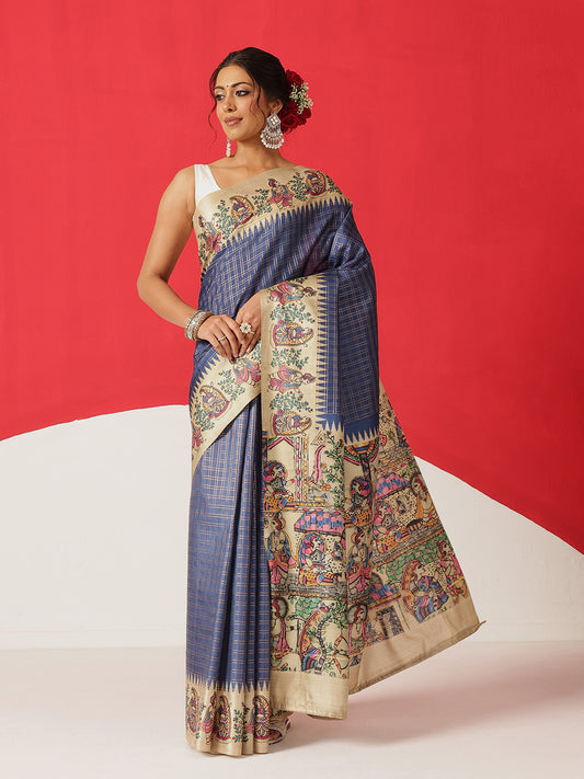 Tussar Silk Checks Work Saree With Figure Prints Border