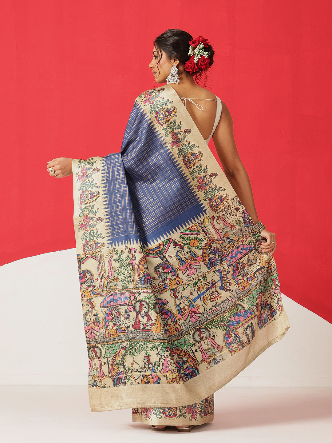 Tussar Silk Checks Work Saree With Figure Prints Border