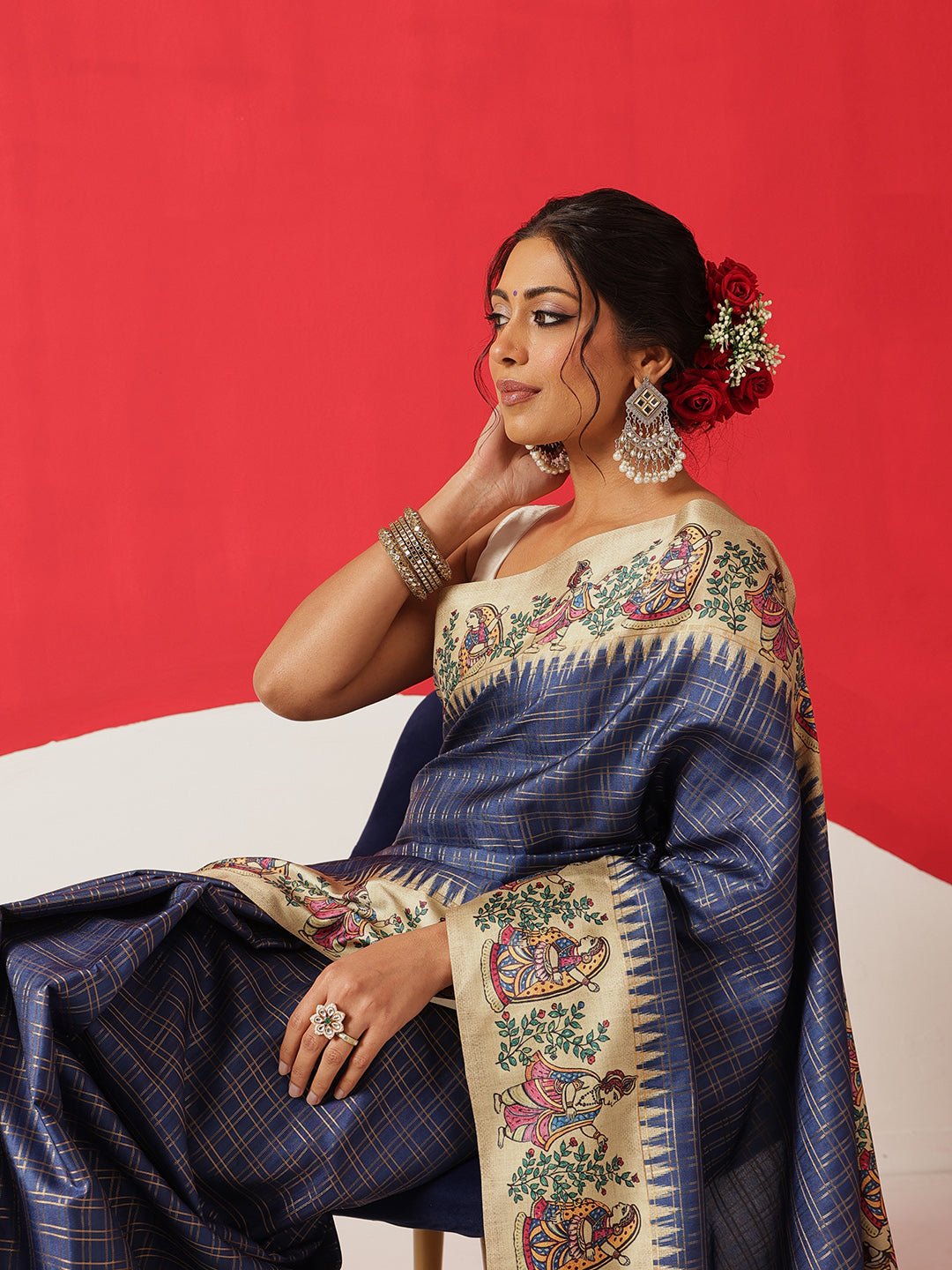 Tussar Silk Checks Work Saree With Figure Prints Border