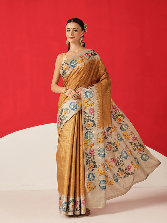 Tussar Silk Checks Work Saree With Figure Prints Border