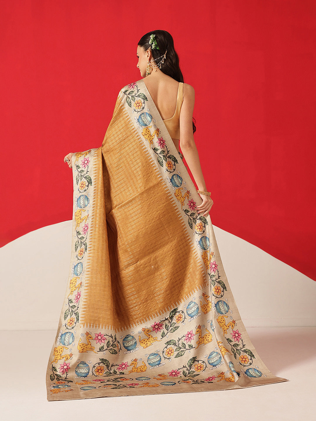 Tussar Silk Checks Work Saree With Figure Prints Border