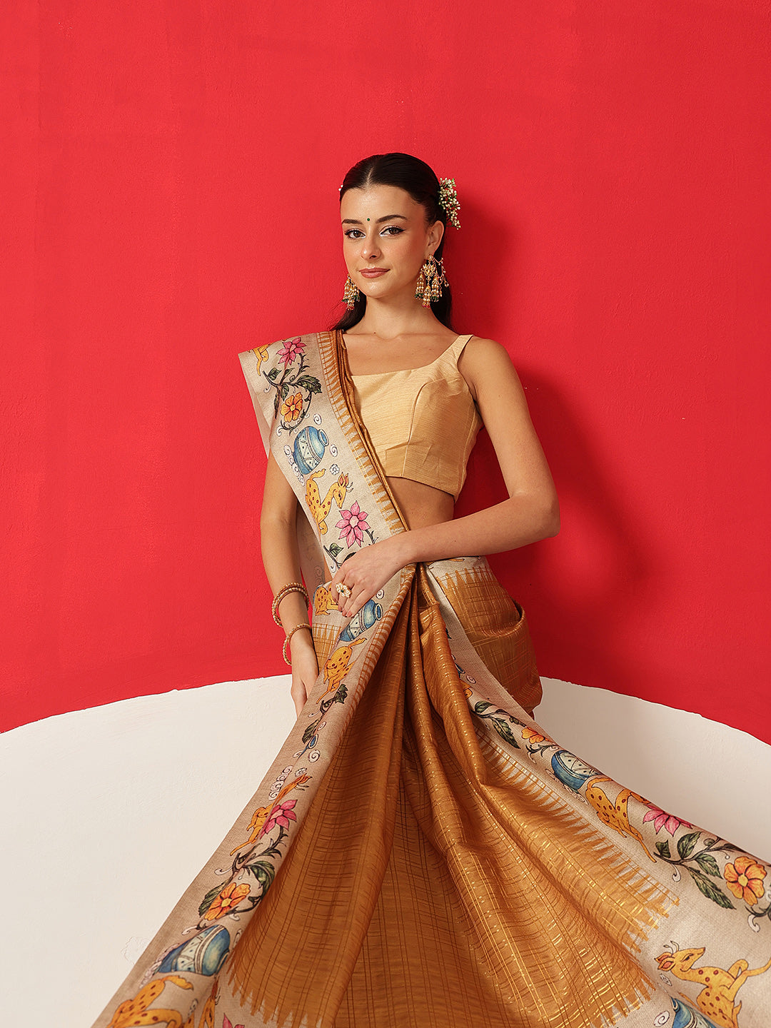 Tussar Silk Checks Work Saree With Figure Prints Border