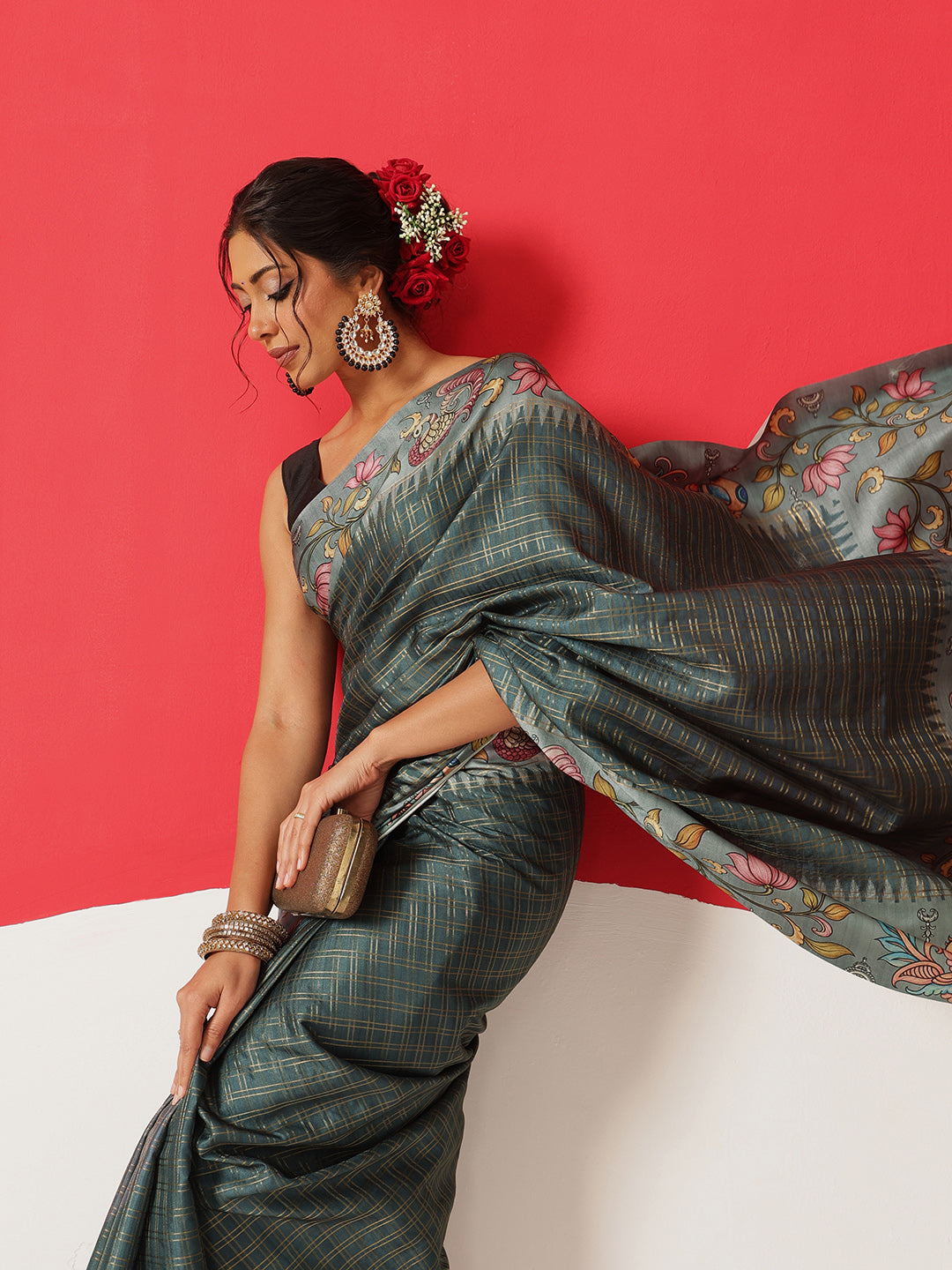 Tussar Silk Checks Work Saree With Figure Prints Border