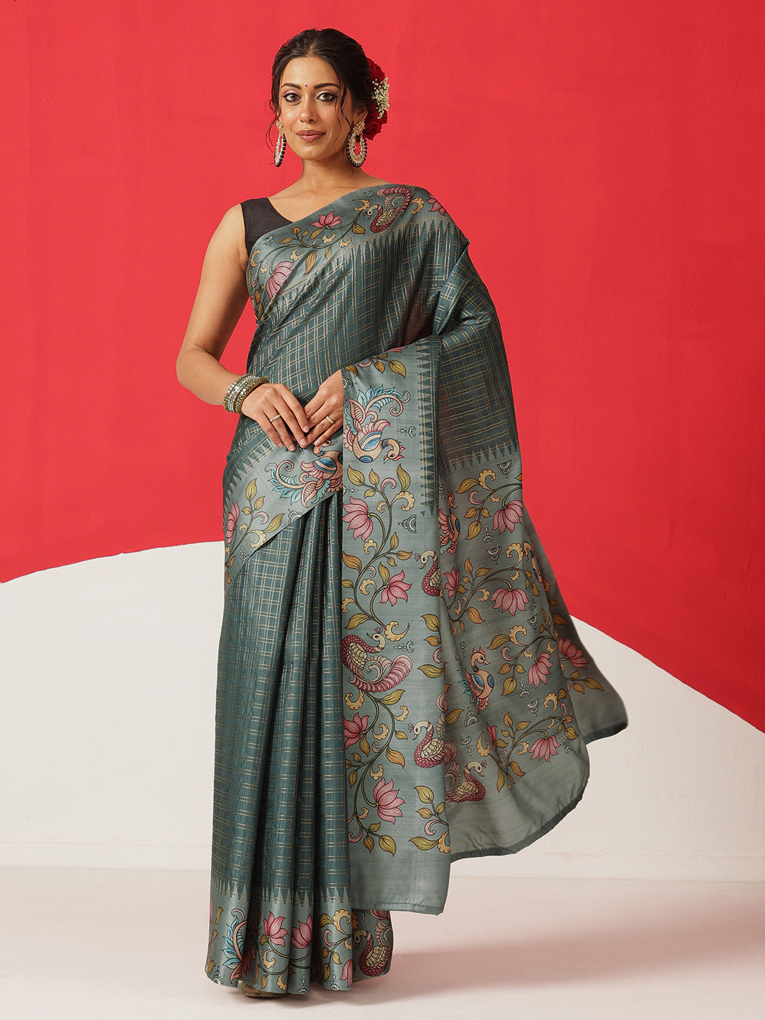 Tussar Silk Checks Work Saree With Figure Prints Border