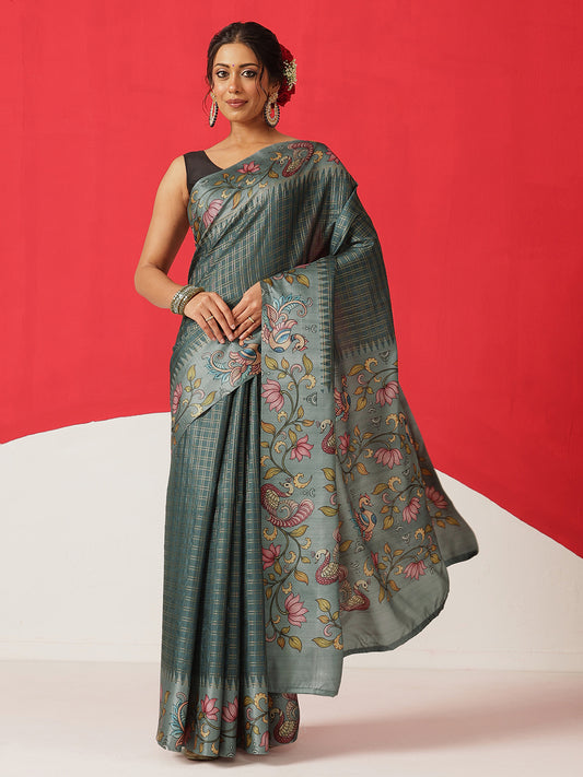 Tussar Silk Checks Work Saree With Figure Prints Border