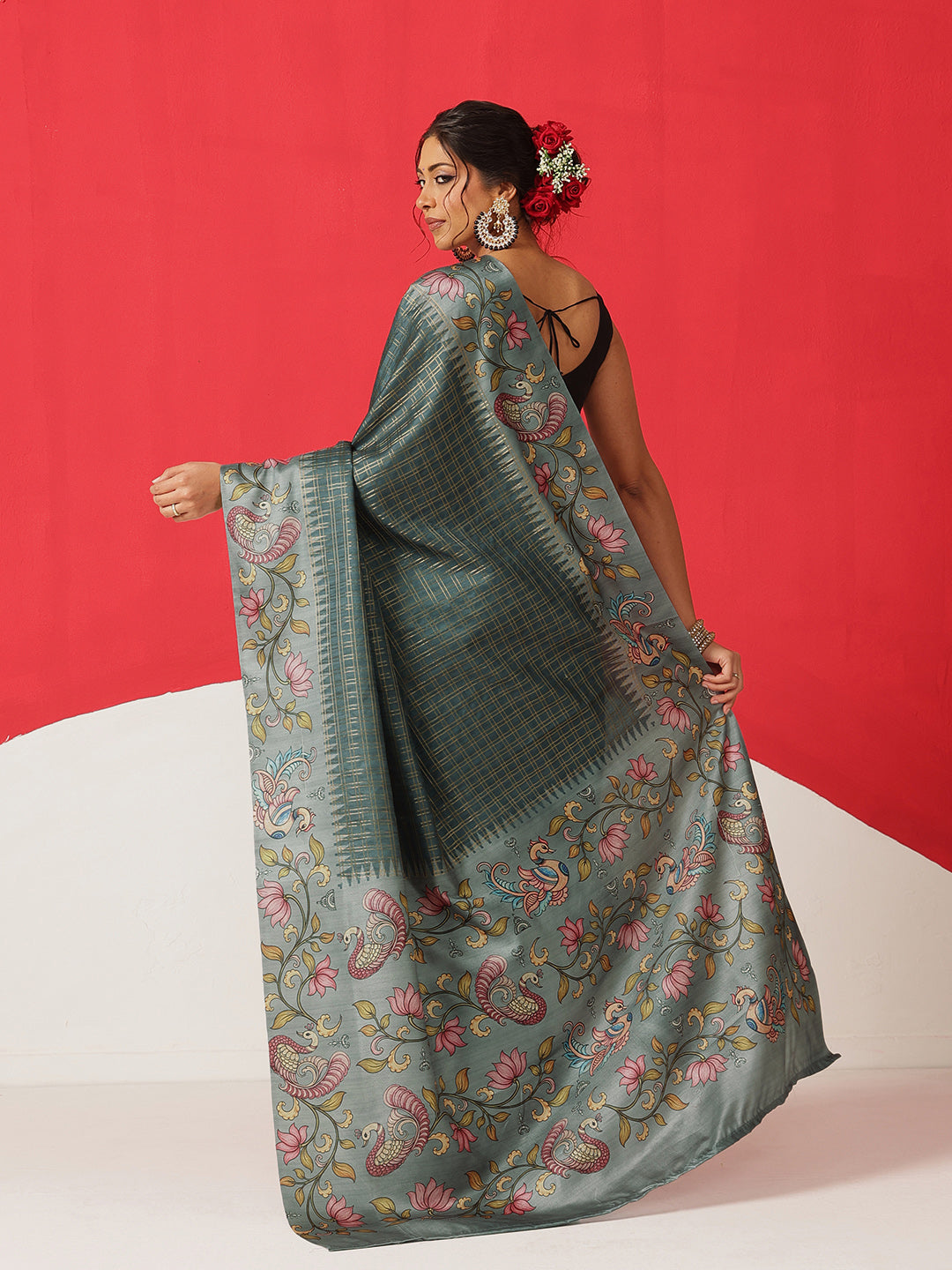 Tussar Silk Checks Work Saree With Figure Prints Border
