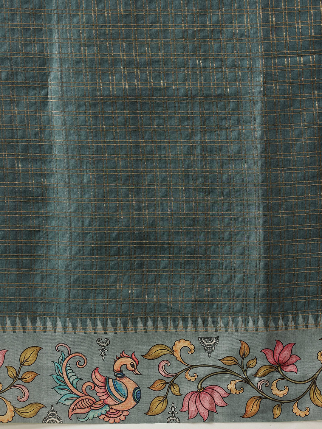 Tussar Silk Checks Work Saree With Figure Prints Border