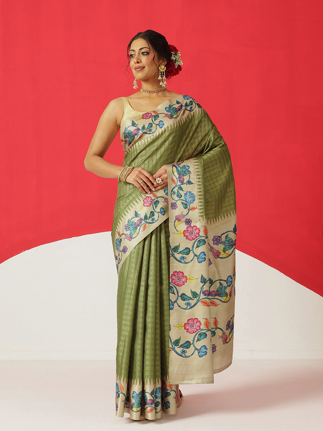 Tussar Silk Checks Work Saree With Figure Prints Border