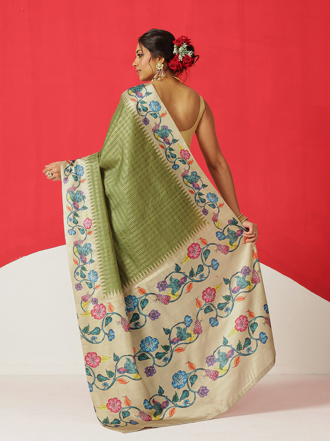 Tussar Silk Checks Work Saree With Figure Prints Border