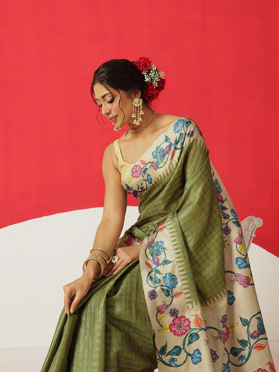 Tussar Silk Checks Work Saree With Figure Prints Border