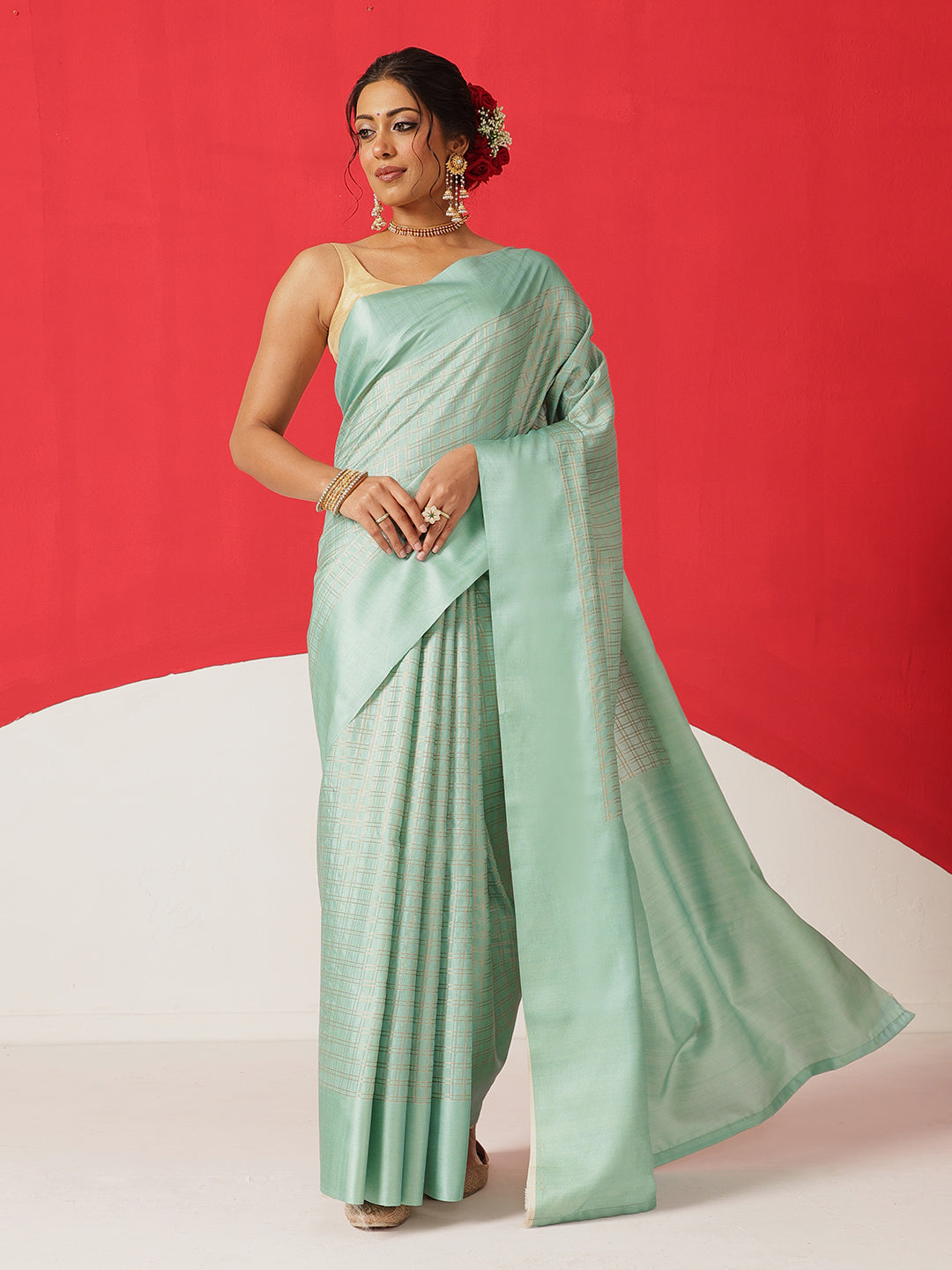 Digital Printed Tussar Silk Solid Checks Work Saree