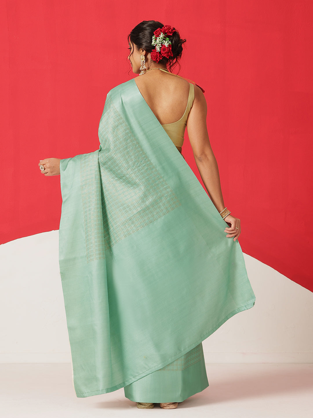 Digital Printed Tussar Silk Solid Checks Work Saree