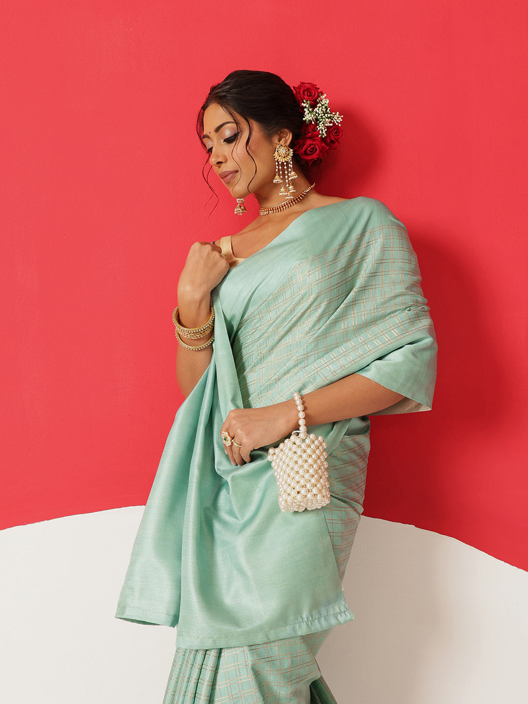 Digital Printed Tussar Silk Solid Checks Work Saree