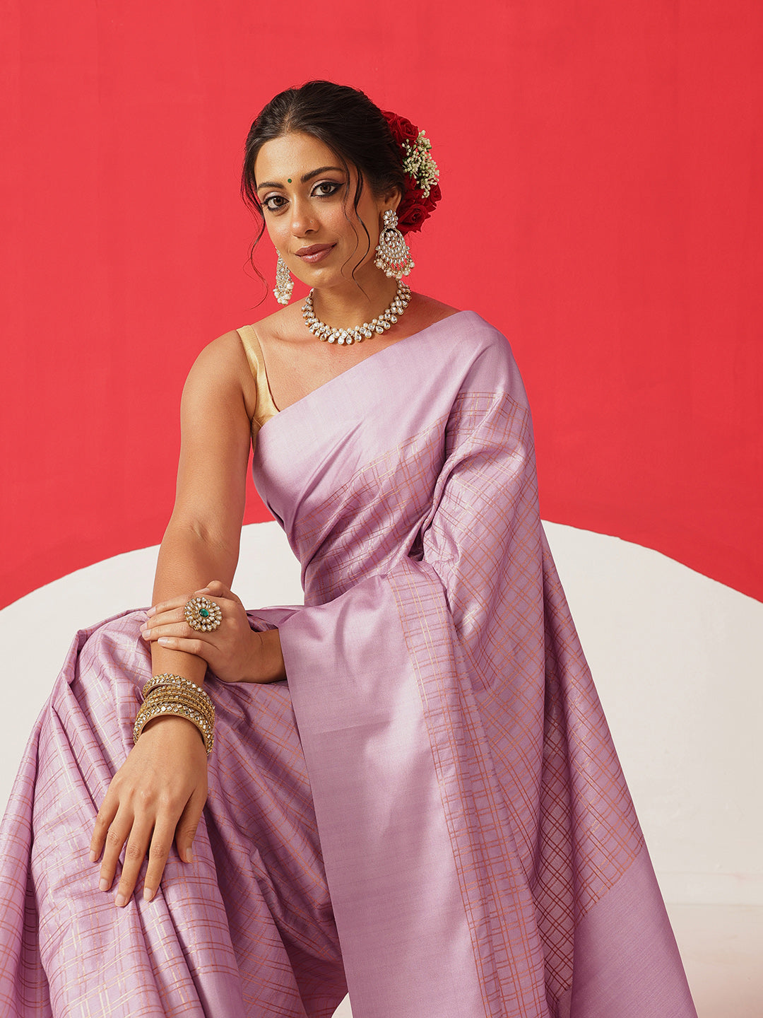 Digital Printed Tussar Silk Solid Checks Work Saree