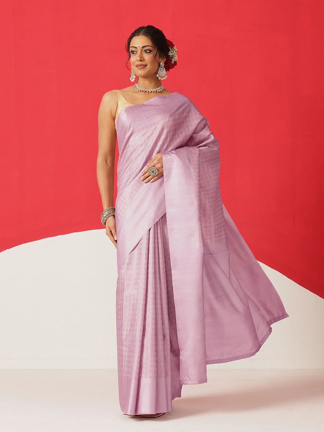 Digital Printed Tussar Silk Solid Checks Work Saree
