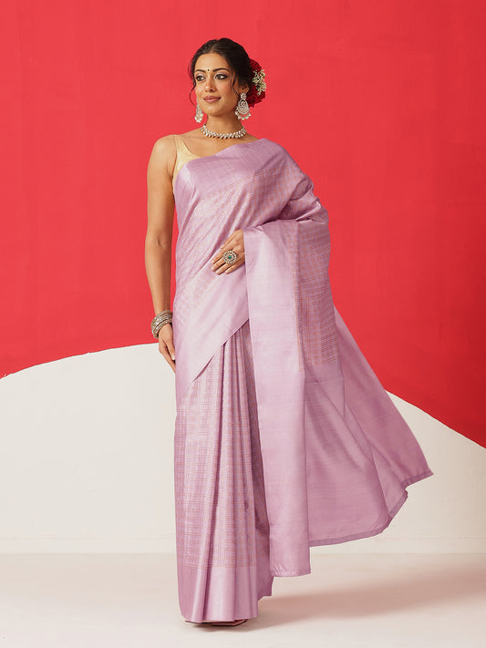 Digital Printed Tussar Silk Solid Checks Work Saree