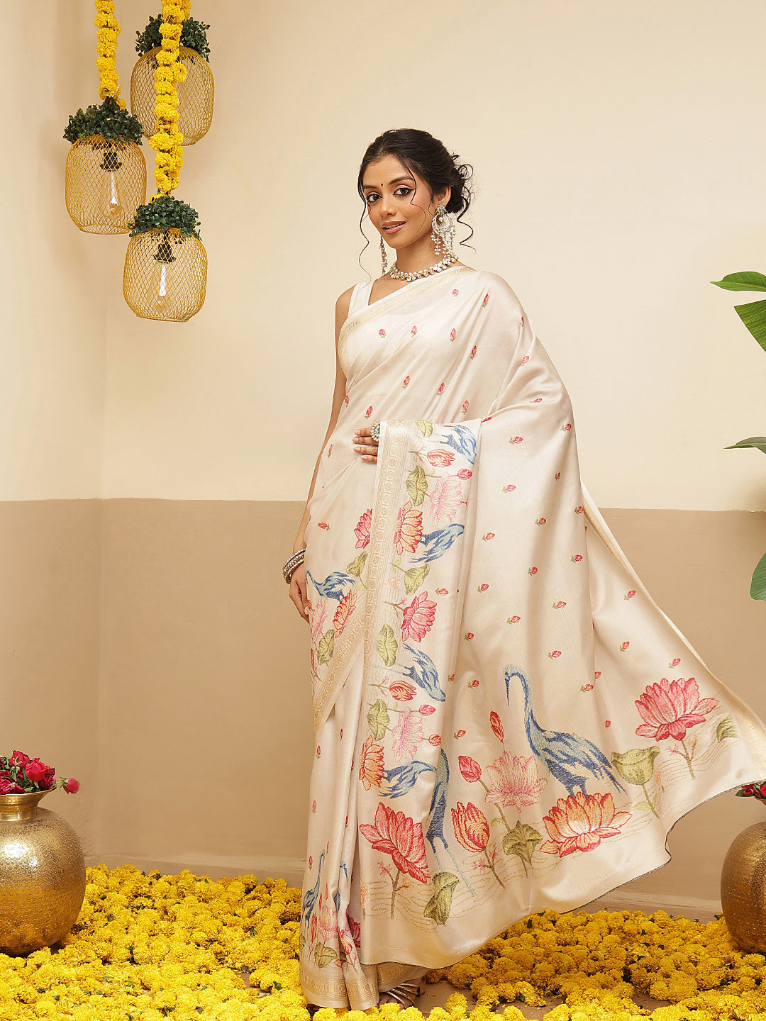 Kalamkari Printed Art Silk Festive Saree With Unstitched Blouse Piece