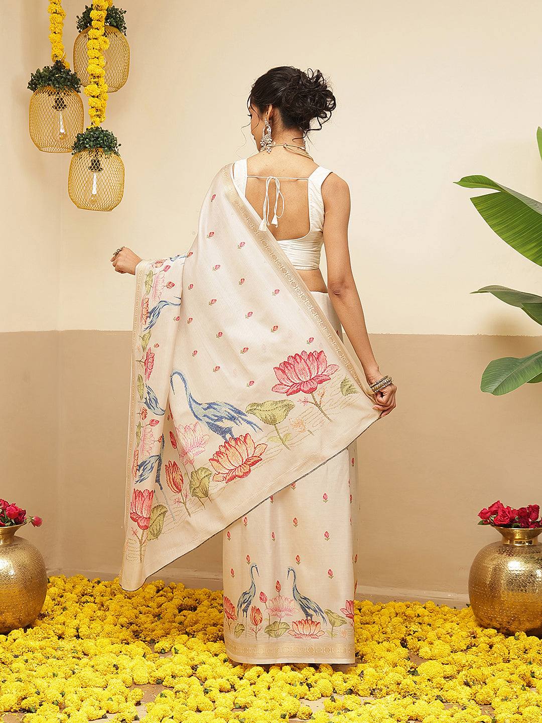 Kalamkari Printed Art Silk Festive Saree With Unstitched Blouse Piece