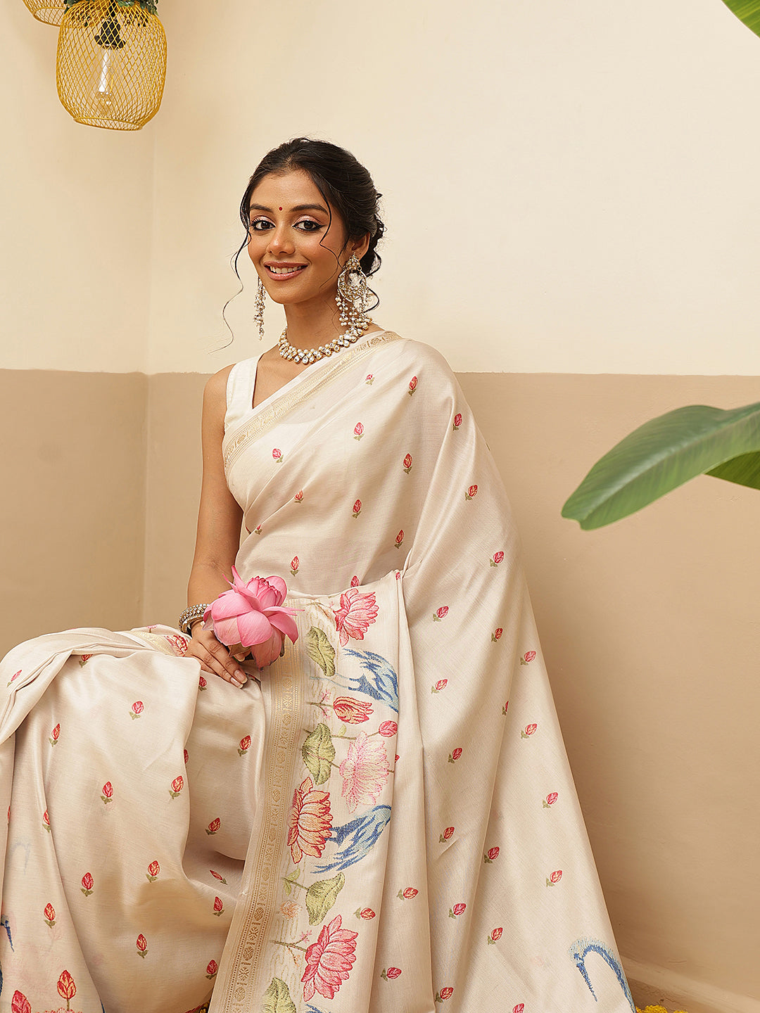 Kalamkari Printed Art Silk Festive Saree With Unstitched Blouse Piece