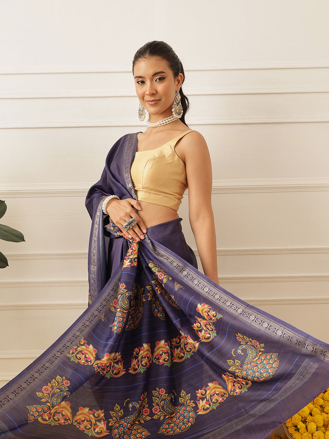 Kalamkari Printed Art Silk Festive Saree With Unstitched Blouse Piece