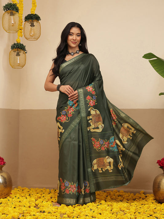 Elephant Printed Art Silk Festive Saree With Unstitched Blouse Piece