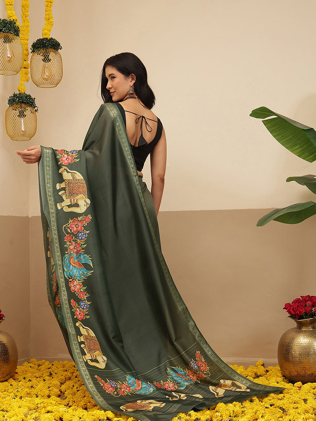 Elephant Printed Art Silk Festive Saree With Unstitched Blouse Piece
