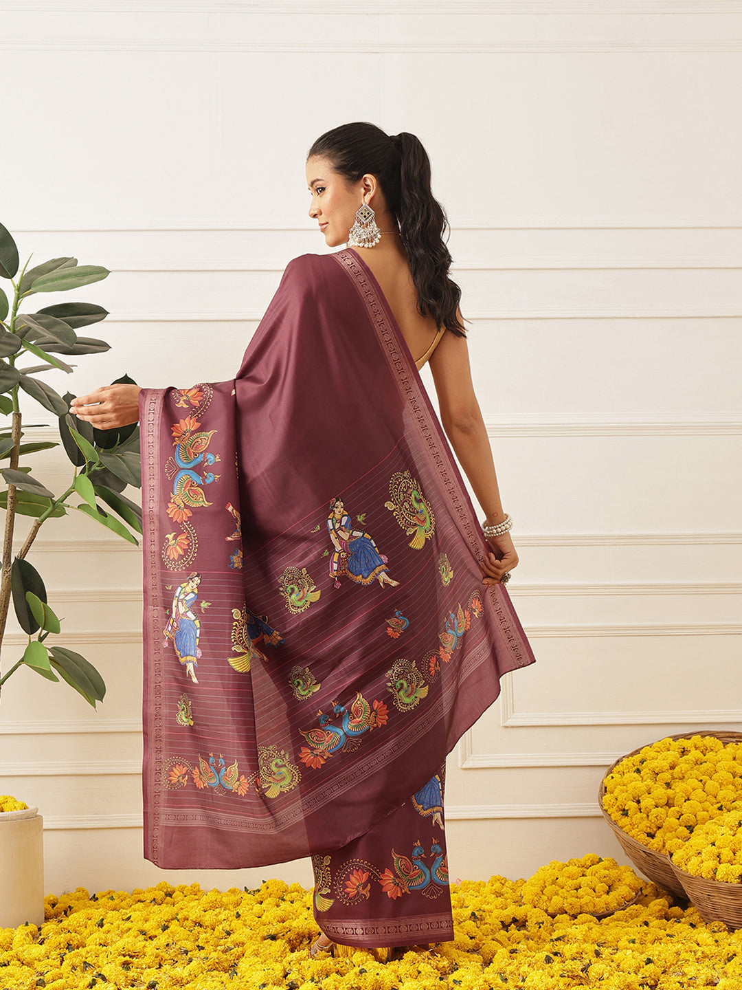 Kalamkari Printed Art Silk Festive Saree With Unstitched Blouse Piece