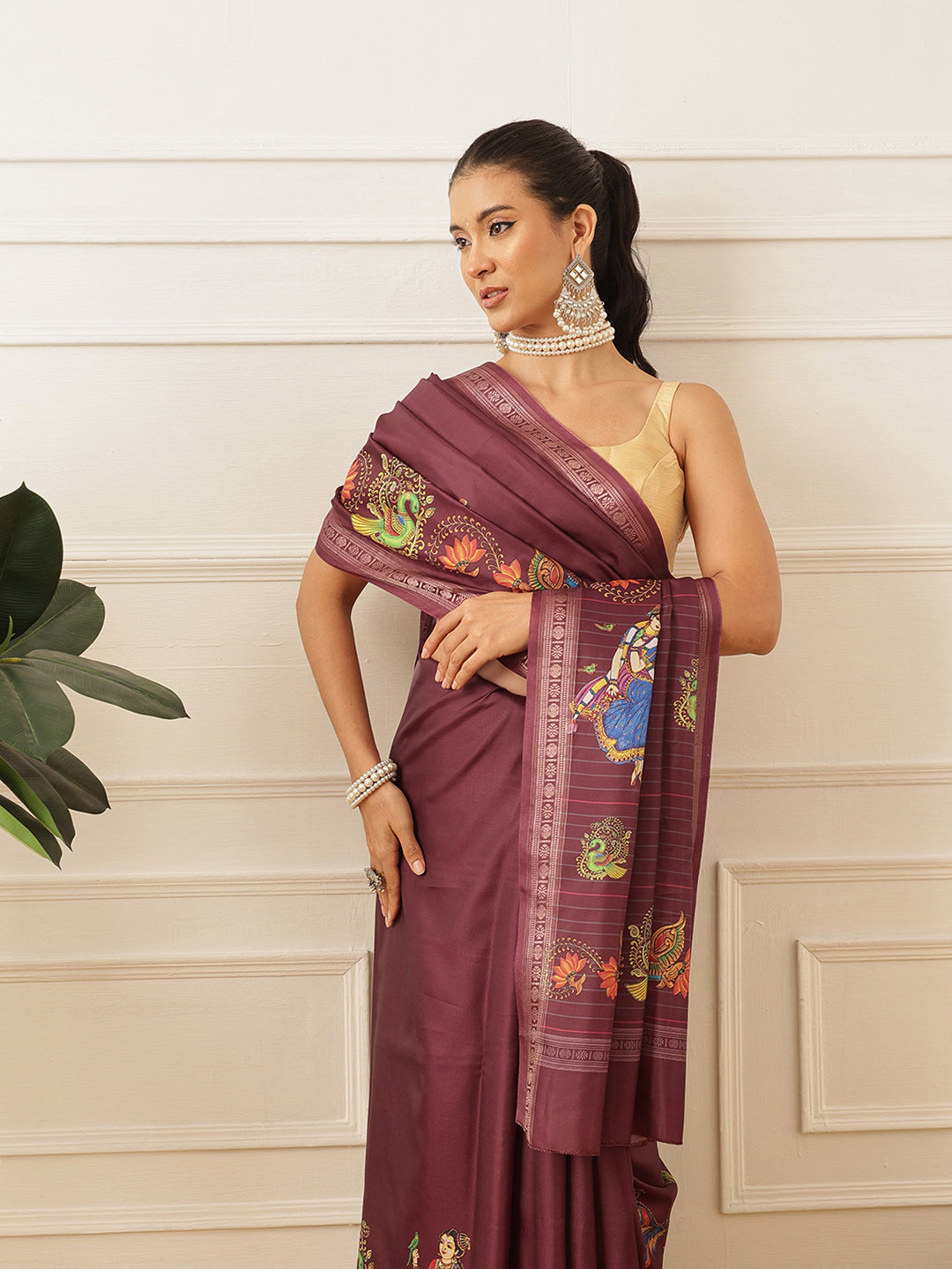 Kalamkari Printed Art Silk Festive Saree With Unstitched Blouse Piece