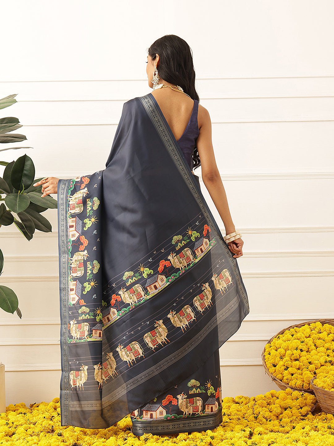 Animal Printed Art Silk Festive Saree With Unstitched Blouse Piece