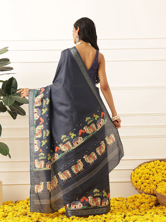 Animal Printed Art Silk Festive Saree With Unstitched Blouse Piece