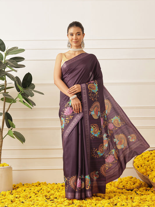 Kalamkari Printed Art Silk Festive Saree With Unstitched Blouse Piece