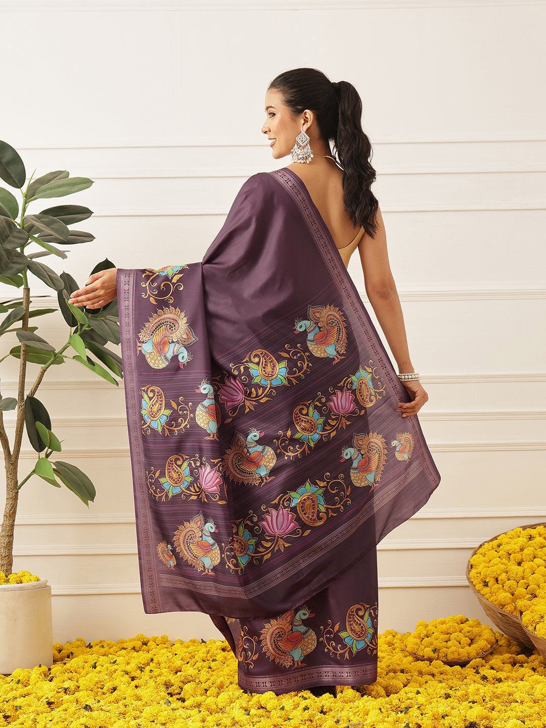 Kalamkari Printed Art Silk Festive Saree With Unstitched Blouse Piece
